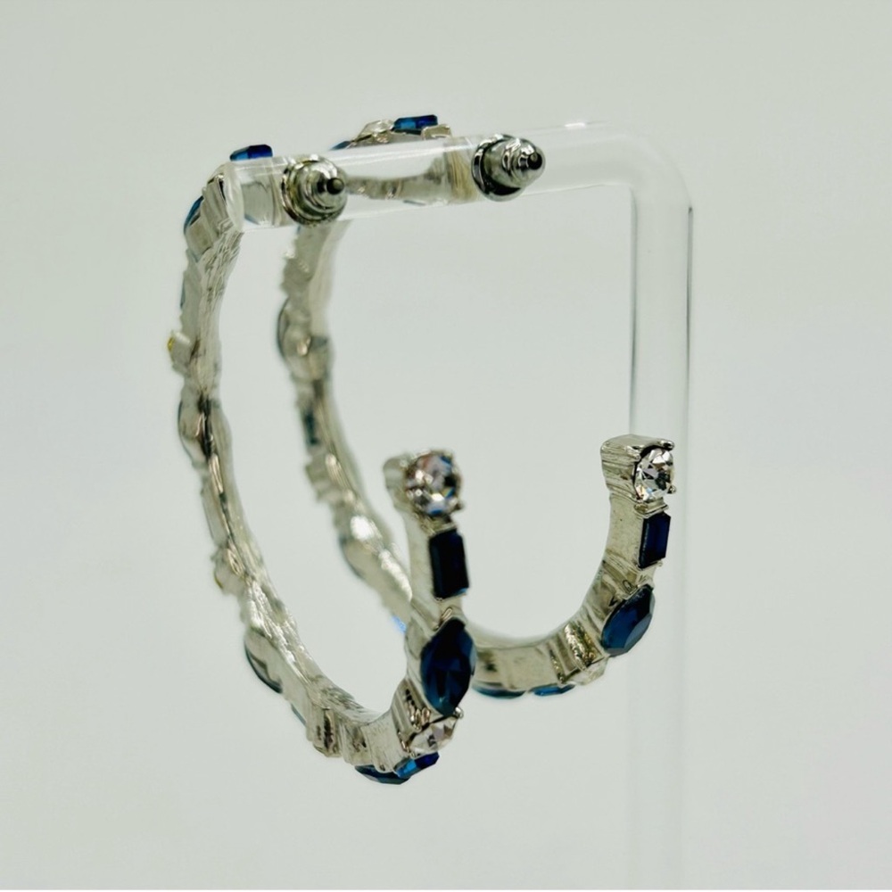 Navy Blue Gem Hoop Earrings | Textured Silver + Rhinestone Accents | - Picture 3 of 3